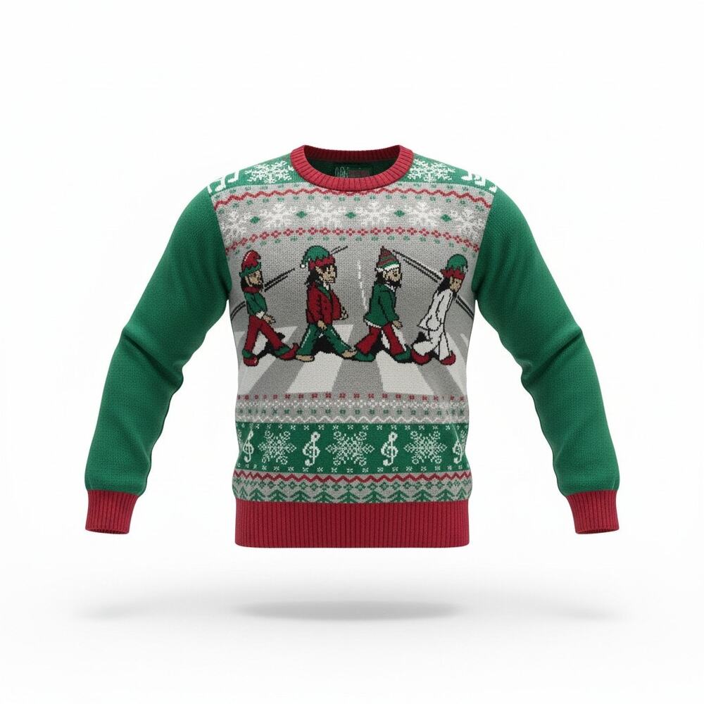 Ugly Christmas Sweater Abbey Road Elves Beatles Crewneck Mens M